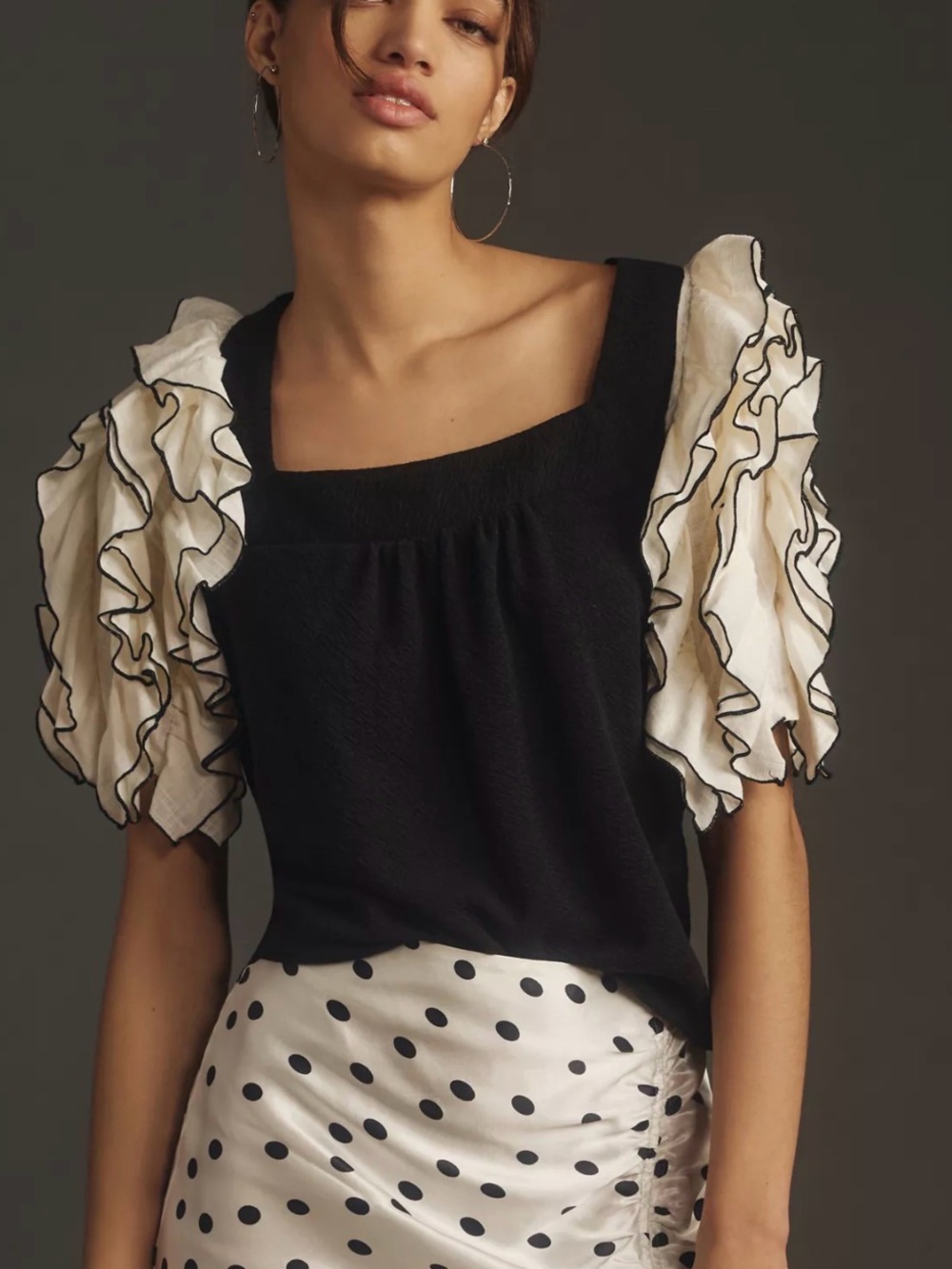 Sunday in Brooklyn square neck ruffle sleeve babydoll top black white XS